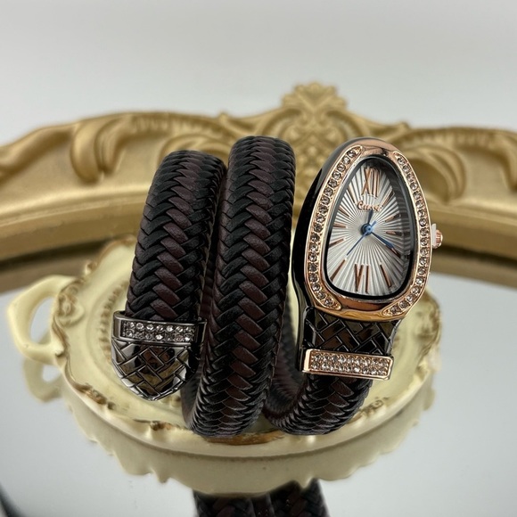Serpenti Style Wrap Watch –Brown & Black Faux Leather Rose Gold Tone Silver Dial main image 5